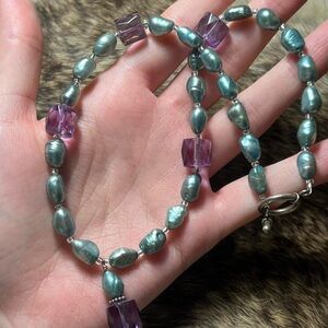 Amethyst, pearl, and glass seed bead beaded necklace